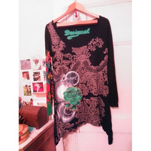Robe Courte Asymétrique Noir Motifs Colorés 40 L Desigual.