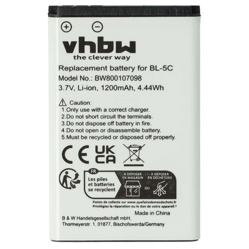 Vhbw 1x Batterie Compatible Avec Nokia 1800, 1600, 1650, 1280, 1255, 1315, 1200, 1208, 1650, 1600 Téléphone Portable (1200mah, 3,7v, Li-Ion)