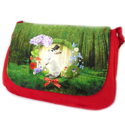 PROMOTION ! Sac besace 'Lapin Wonderland' vert rouge - 36x28x7 cm