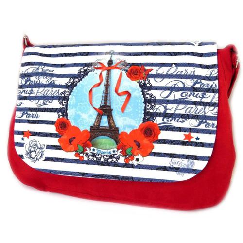 PROMOTION ! Sac besace 'Tour Eiffel Tatouage' blanc bleu rouge - 36x28x7 cm