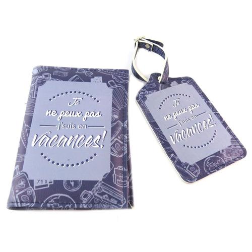 PROMOTION ! Coffret voyage (étui passeport, étiquette valise) 'Messages' bleu (Je ne peux pas j' suis en vacances ! )