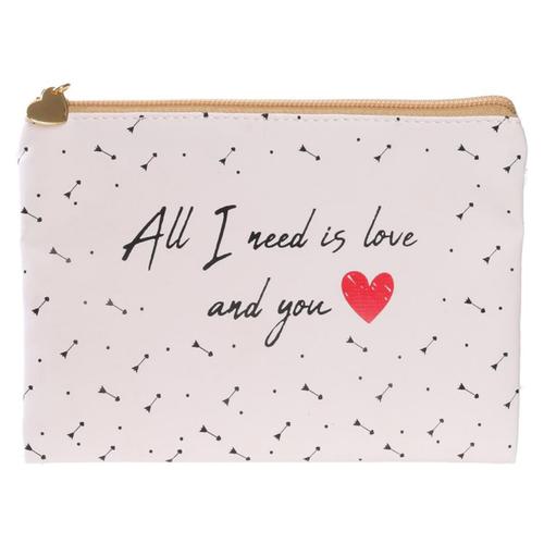 PROMOTION ! Pochette plate / Trousse à maquillage 'Mots d'Amour' blanc (All I need is love avec you) - 19x13. 5 cm