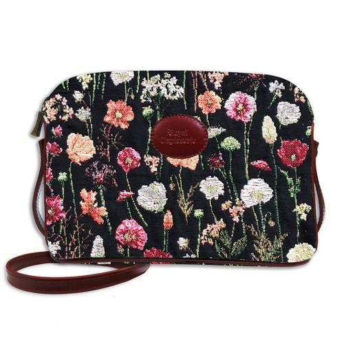 Sac bandoulière artisanal 'Royal Tapisserie' noir multicolore (fleurs en hiver) - 23x17x6 cm