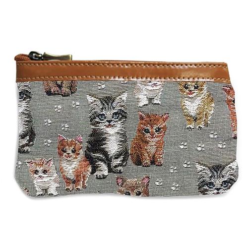 Pochette trousse artisanale 'Royal Tapisserie' gris marron (chatons) - 14x10x2 cm