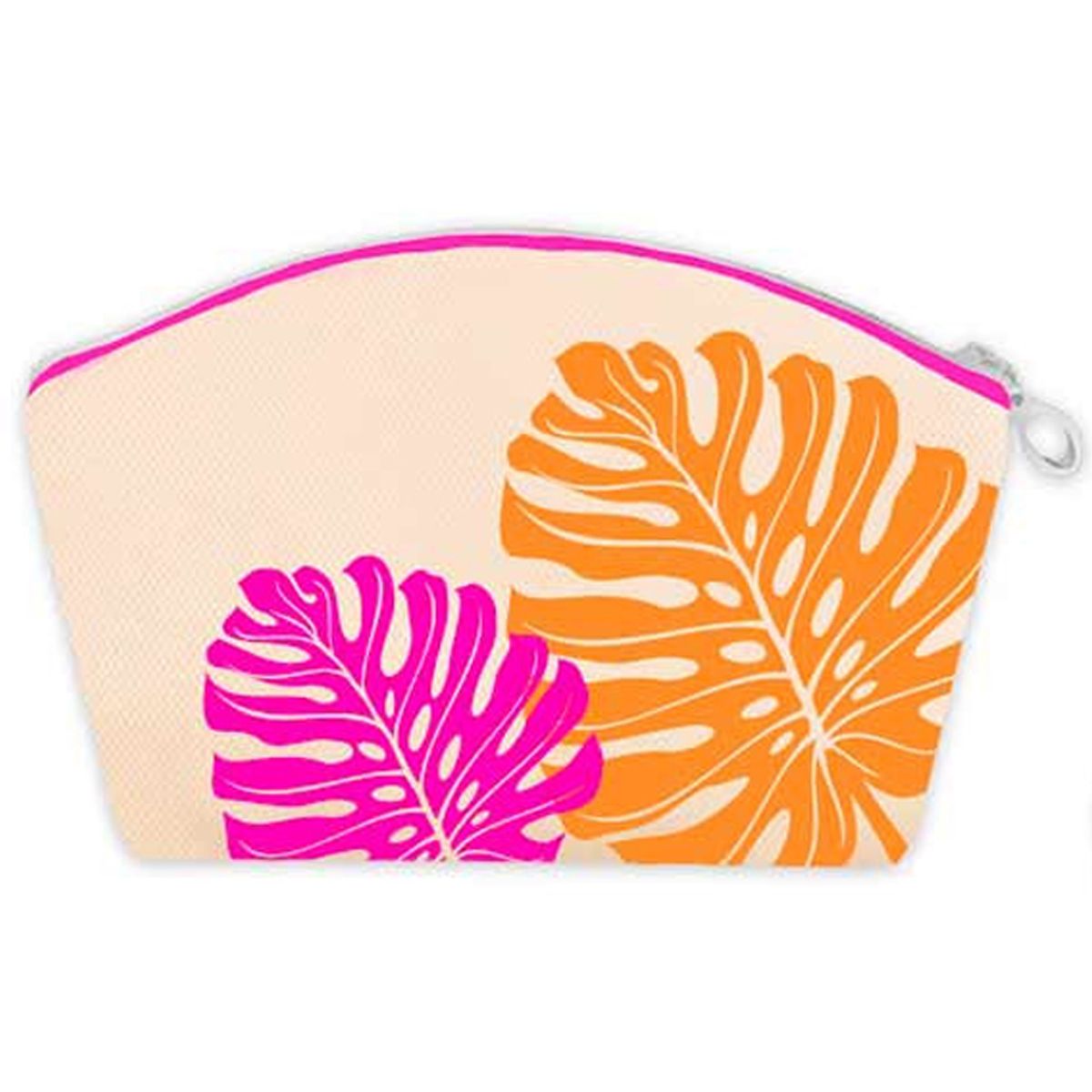 PROMOTION ! Trousse pochette lin 'Tropical' rose orange beige (monstera) - 20x16. 5x2 cm