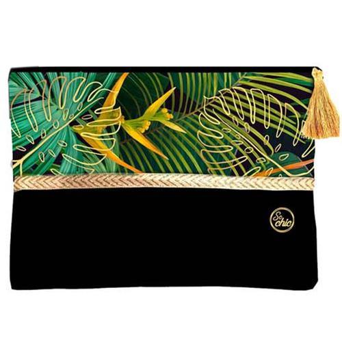 PROMOTION ! Trousse à maquillage velours 'So Chic' noir vert (jungle - monstera) - 22x15x5 cm