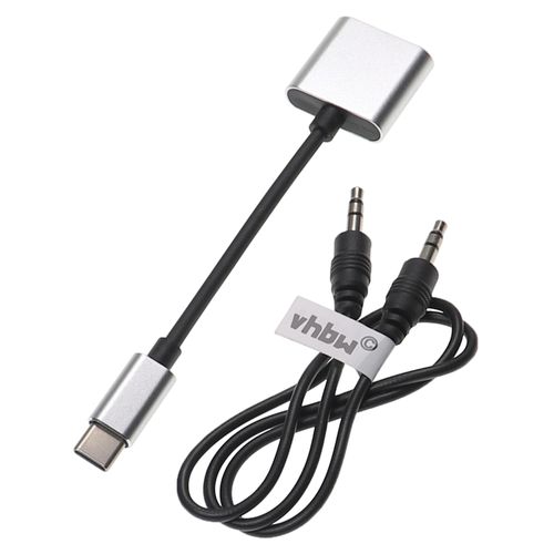 vhbw Adaptateur AUX USB type C vers jack audio compatible avec Huawei Mate 20 Pro Smartphone - Convertisseur 2-en-1 incl. câble jack, noir / argenté