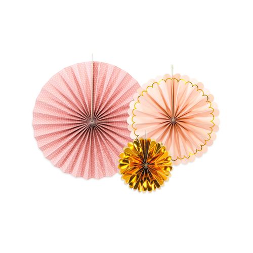 3 Rosaces En Carton Rose Poudré Et Or 13,25 Et 32 Cm