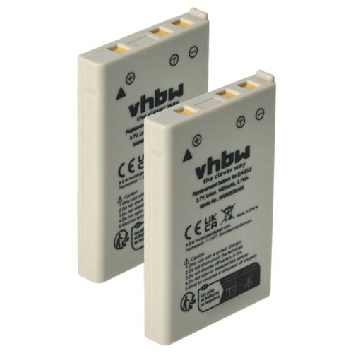vhbw 2x Batterie compatible avec Nikon Coolpix P6000, P5100, P80, P520, P530, P90, S10 appareil photo (1000mAh, 3,6V, Li-ion)
