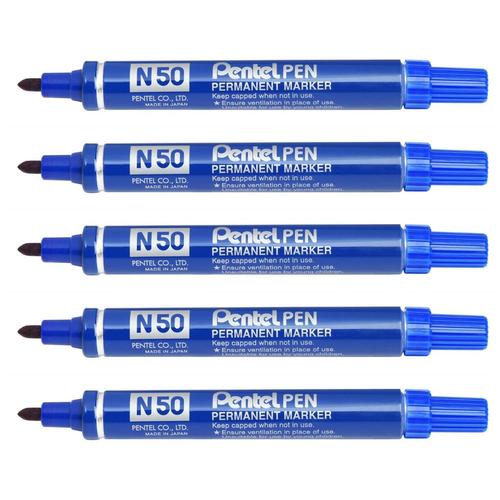 Pentel Lot De 5 Marqueurs Permanent N50 Corps Aluminium Pointe Ogive 2 Mm Bleu