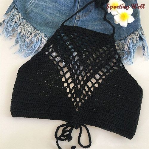 Soutien-Gorge De Plage Pour Femme, Haut Court, Blanc Uni, Col Licou, Bretelles, Sexy, Ajouré, Crochet, Bikini, Débardeur, Chemise