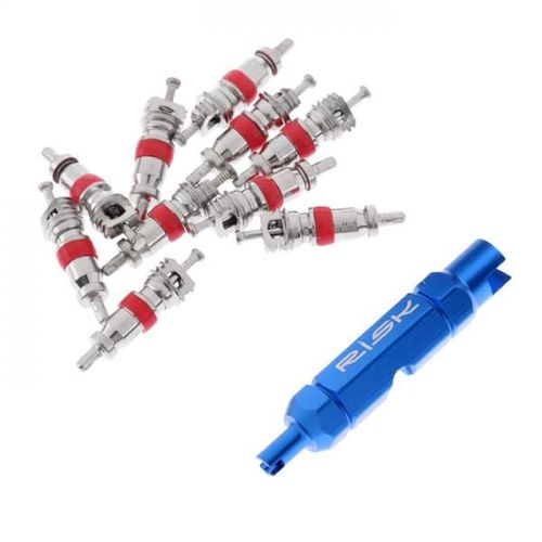 Tube Intérieur De Valve De Vélo En Alliage D'Aluminium, Noyau De Valve Schrader Anti-Rouille + Outil De Retrait De Noyau De Valve Schrader À Double Extrémité 10 Pièces