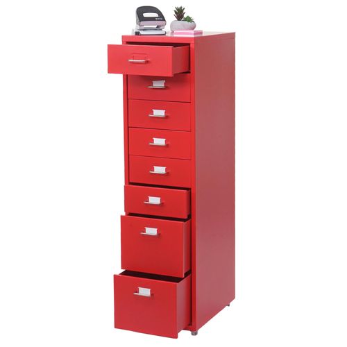 Caisson À Roulettes Boston T851, Placard En Acier, 109x28x44cm 8 Tiroirs   Rouge