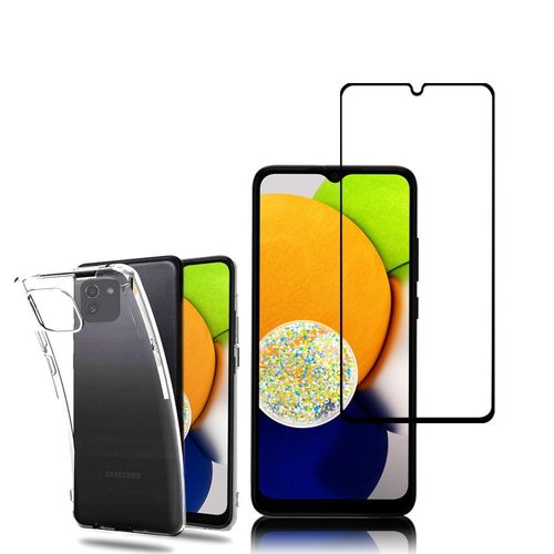 Coque Silicone Pour Samsung Galaxy A03 6.5" Gel Ultraslim Et Ajustement Parfait - Transparent + 1 Film Verre Trempé - Noir