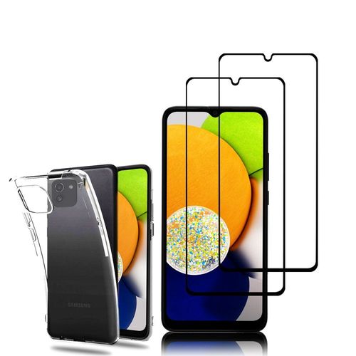 Coque Silicone Pour Samsung Galaxy A03 6.5" Gel Ultraslim Et Ajustement Parfait - Transparent + 2 Films Verre Trempé - Noir