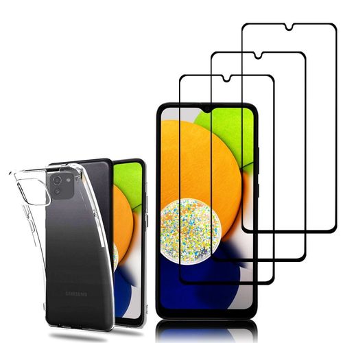 Coque Silicone Pour Samsung Galaxy A03 6.5" Gel Ultraslim Et Ajustement Parfait - Transparent + 3 Films Verre Trempé - Noir