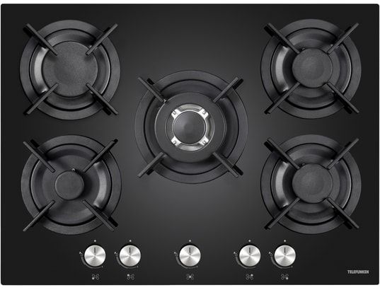 Plaque gaz TGV5C, 70 cm, 5 foyers , verre noir