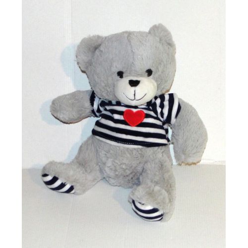 Peluche Ours Gris Pull Marin Coeur Brodé Françoise Saget - Doudou Ourson Assis 24 Cm