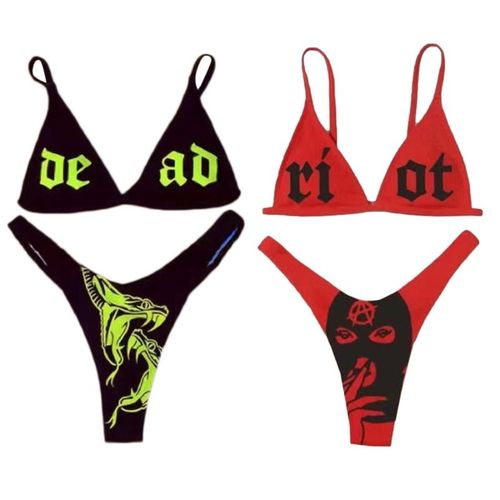 Maillot De Bain Deux Pièces Pour Femmes, Style Punk, Motif Tête De Mort, String, Sexy, Épaules Dénudées, Taille Basse, Pour Filles