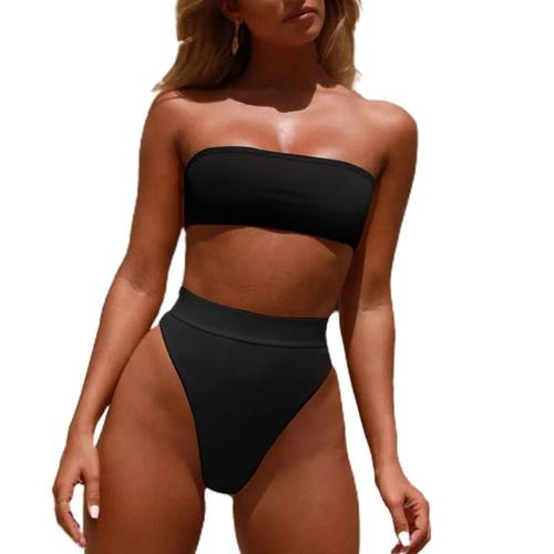 Maillot De Bain 2 Pièces Sexy Pour Femmes, Soutien-Gorge Bandeau Sans Bretelles, Avec Coussin Amovible, Taille Haute, Tanga, Couleur Unie, Pour La Plage