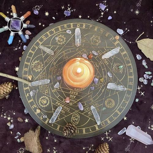 Planche Pendule De Divination De Sorcière, Disque D'Énergie En Cristal Des Sept Chakras, Chêne Sculpté, Astrolabe, Autel, Pendule, Accessoires De Cérémonie De Prière