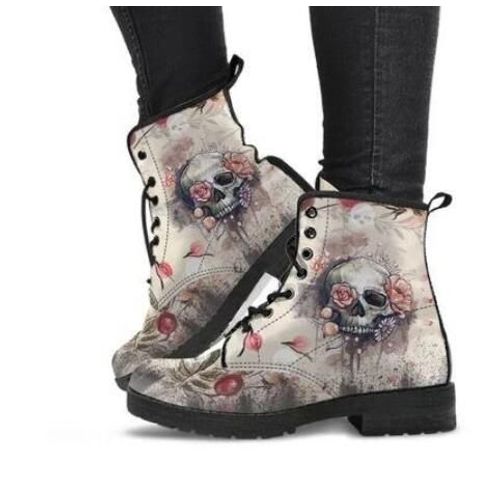 Bottines Vintage En Cuir Pu Pour Femmes, Chaussures À Talons Bas, Pour Automne Et Hiver, Bottes Hautes De Neige, Moto, Tête De Mort