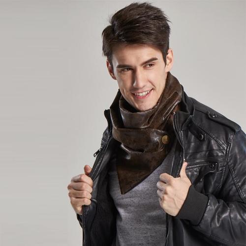 Echarpe - Foulard ,Brown--Couverture Foulard De Luxe Pour Hommes, Cache Cou Avec Boutons Pression, Simple, En Cuir Végétalien, Idée