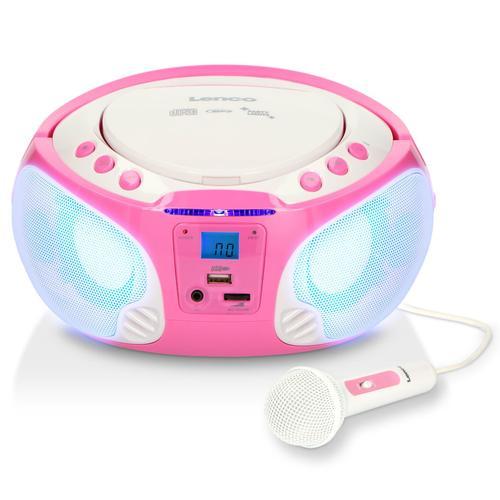 MINI CHAINE HIFI RADIO FM PORTABLE CD/MP3/USB MICROPHONE & EFFETS LUMINEUX ROSE