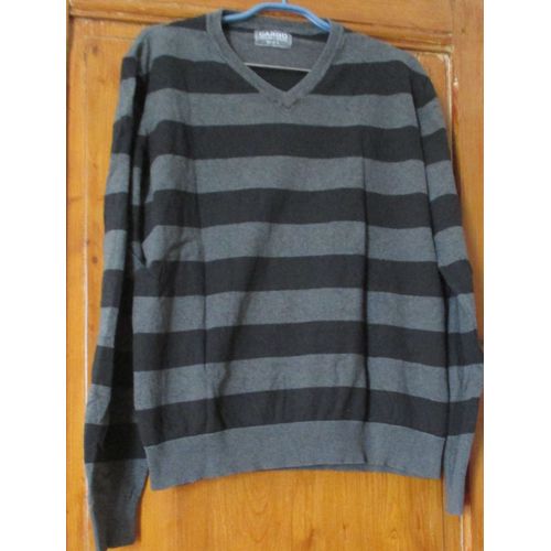 Pull Cargo Original Brand - Encolure En V Manches Longues - Larges Rayures Horizontales Gris Foncé/Gris Moyen - Taille L - 80%Coton/20%Nylon