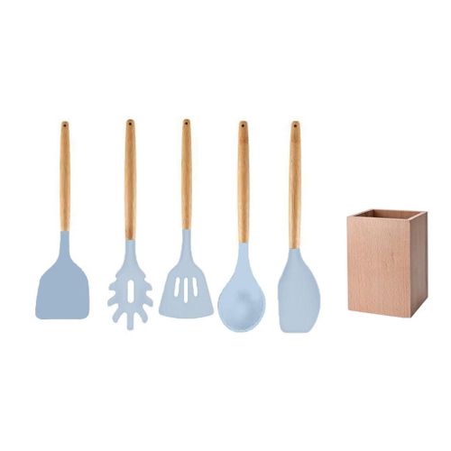 Fackelmann 30178 Set De 5 Ustensiles De Cuisine, Lot De Cuillères Et Spatules De Cuisine Et Leur Support En Bois, Silicone, Bois Fsc, 32cm