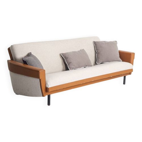 Canap Vintage Convertible En Tissu Et Simili Cuir Beige