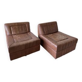 Paire De Fauteuils En Cuir Patchwork Marron Par Percival Lafer Brsil Vers 1970 Marron