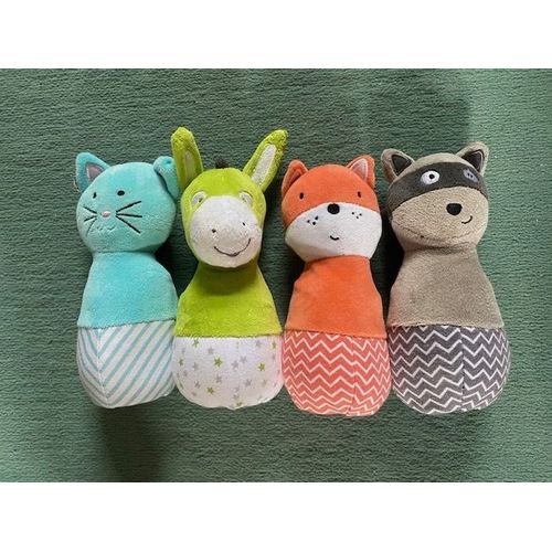 Lot De 4 Culbutos En Peluche - Chat/ Âne / Renard / Raton Laveur