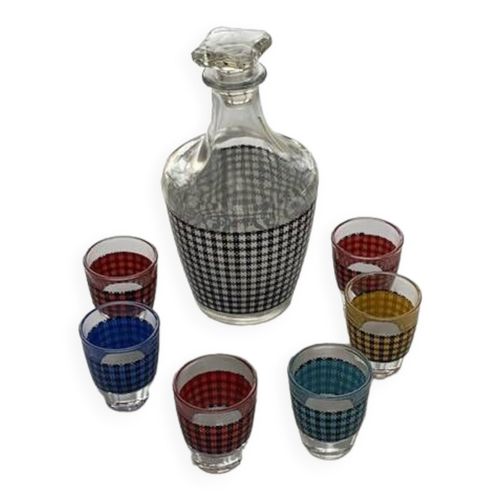 Service A Liqueur Compos Daposune Carafe Et 6 Petits Verres A Liqueur Motif Pieds De Poule Vintage Multicolore