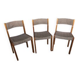 Lot De 3 Chaises Bois Tissu Carreaux Annes 60 Vintage Multicolore
