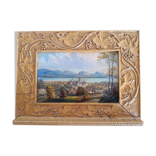 Peinture sur pupitre ville suisse sur lac multicolore