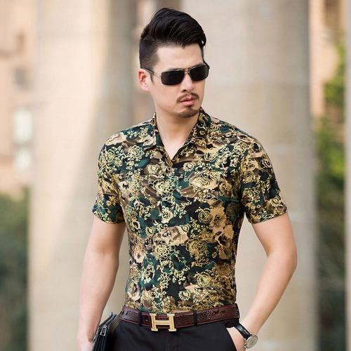 Chemise à manches courtes en soie pour homme,coupe cintrée,marque de luxe,à  la mode,dorée et bronzante,2018