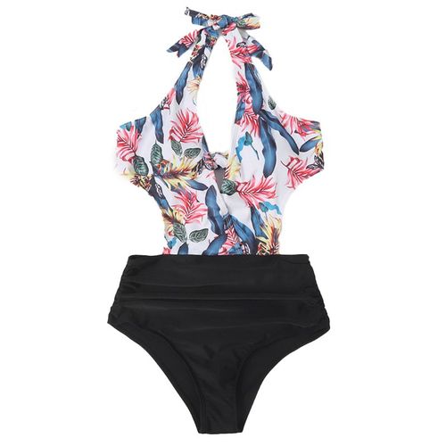 Maillot De Bain Une Pièce, Décolleté Plongeant En V, Col Licou, Rembourré, Bikini, Avec Plantes, Imprimé, Pour Femmes, Vêtements De Plage, Offre Spéciale, N66