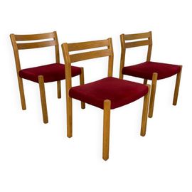 Ensemble De 3 Chaises Scandinaves En Tecq Et Tissu Rouge Par Moller Danemark Annes 70 Rouge