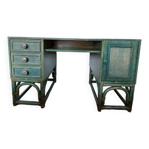 Magnifique Bureau En Rotin Vert Vert