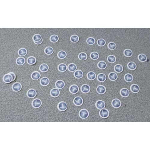 Cinquante Mini Pastilles Carton Rondes Autocollantes-Fond Strié De Bleu Cerclé De Blanc Marqué 1 Vignette En Son Centre-À Utiliser Telles Quelles Comme Pions De Jeu Ou À Coller En Déco-Diamètre 1.5cm