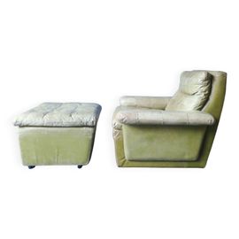 Fauteuil Lounge Et Ottoman En Cuir Patchwork Vert Olive Clair Par Laauser 1970 Vert