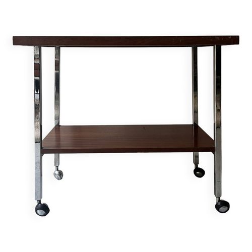 Desserte Bar Servante Tubulaire Chrome Sur Roulettes Et Bois Vers 1970 Bois