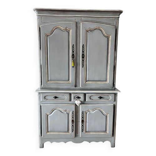 Buffet 2 Corps  2 Portes Bois  3 Tiroirs  En Chne Europen Massif  Colori Gris Rechampi Blanc Gris