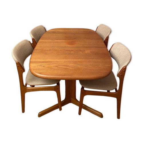 1 Table Scandinave 130x80x74signe Avec Rallonge Et Ses 4 Chaises En Tek Massif Bois