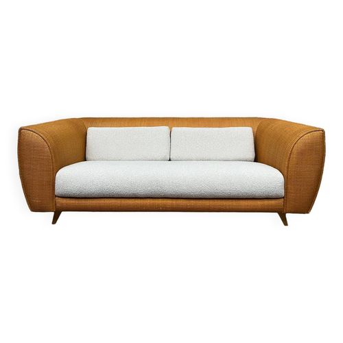 Canap Vintage En Rotin Design 1970 Tissu Bouclette Cru Blanc