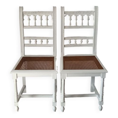 Paire De Chaises Henri Ii Blanches Cannage Blanc