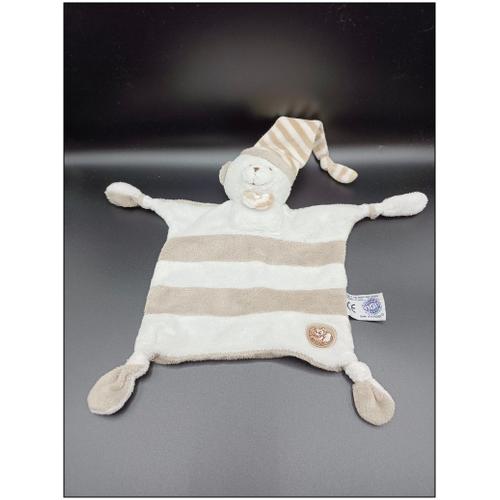 Doudou Plat Ours Mgm - Bonnet - Rayé - Taupe Et Blanc - Écusson Dodo D'amour