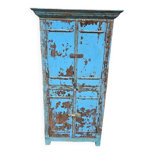 Ancien Vaisselier Tribal En Teck Birman Bleu