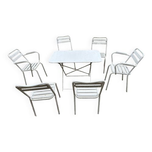Salon De Jardin En Fer Forg Et Lattes De Bois Compos De Deux Fauteuils 4 Chaises  Et Daposune Table Blanc